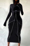 レッドカジュアルパッチワークコントラストフード付きカラーロングドレスドレス