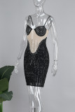 Robes de jupe enveloppées noires sexy en patchwork de paillettes transparentes dos nu à bretelles spaghetti