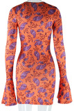 オレンジレッドストリートプリントパッチワークOネックラップスカートドレス