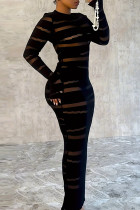 Zwarte beroemdheden Kleurblok Patchwork Doorzichtige lange jurk met O-hals Grote maten jurken