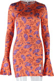 Robes jupe enveloppée à col rond en patchwork imprimé rue rouge orange