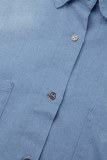 Giacca di jeans allentata a maniche corte con colletto rovesciato e cintura con fibbia tascabile patchwork solido casual azzurro