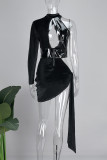 Черные сексуальные однотонные повязки с выдолбленными лоскутными платьями с открытой спиной и круглым вырезом нерегулярные платья