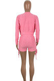Pink Casual Solid Patchwork Draw String Zipper Collar Long Sleeve Three Pieces