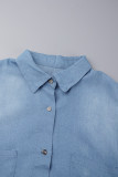 Light Blue Casual Solid Patchwork Pocket Buckle Slit Without Belt Turndown Collar Short Sleeve Long Cardigan Loose Denim Jacket