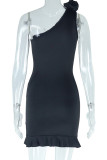 Negro Street Vestidos de falda envuelta con un solo hombro y diseño de telas combinadas lisas