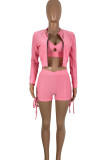 Pink Casual Solid Patchwork Draw String Zipper Collar Long Sleeve Three Pieces