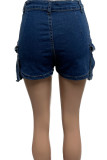 Blue Street Solid Patchwork Pocket Buttons Dragkedja Mid midja Vanliga jeansshorts