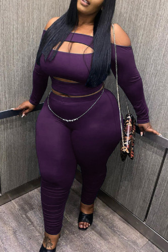 Purple Sexy Casual Solid Hollowed Out Off the Shoulder Plus Size Two Pieces