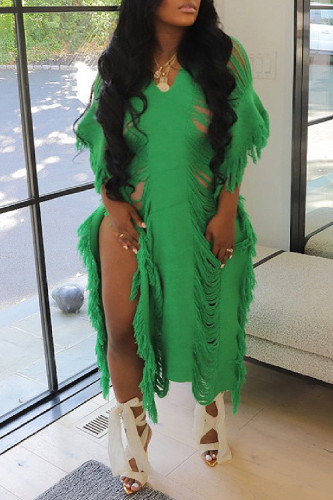 Green Casual Solid Tassel Slit V Neck Short Sleeve Dress Dresses