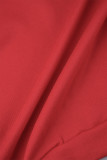 Rouge décontracté solide Patchwork cordon de serrage poche col à capuche manches longues deux pièces