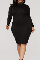 ブラックセレブソリッドパッチワークOネックラップスカートプラスサイズドレス