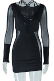 Black Sexy Solid Patchwork See-through Halter Sheath Dresses