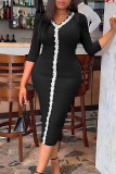 Black Celebrities Solid Lace Patchwork Slit V Neck Pencil Skirt Plus Size Dresses
