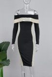 Zwarte sexy casual patchwork pailletten rugloze split off-shoulder jurken met lange mouwen