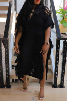 Schwarzes, lässiges, einfarbiges, kurzärmliges Kleid mit Quastenschlitz und V-Ausschnitt