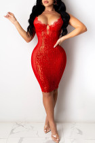 Красные сексуальные однотонные блестки в стиле пэчворк с открытой спиной и бретельками-юбками, обернутые платья-юбки