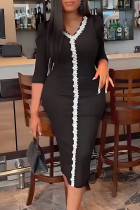 Schwarze Promi-Kleider aus festem Spitzen-Patchwork mit Schlitz und V-Ausschnitt und Bleistiftrock in Übergröße