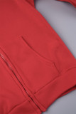 Rouge décontracté solide Patchwork cordon de serrage poche col à capuche manches longues deux pièces