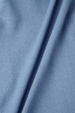 Light Blue Casual Solid Patchwork Pocket Buckle Slit Without Belt Turndown Collar Short Sleeve Long Cardigan Loose Denim Jacket