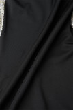 Zwarte sexy casual patchwork pailletten rugloze split off-shoulder jurken met lange mouwen