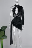 Черные сексуальные однотонные повязки с выдолбленными лоскутными платьями с открытой спиной и круглым вырезом нерегулярные платья