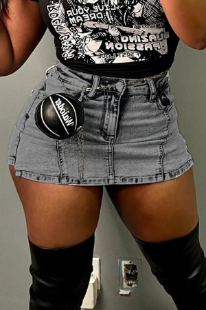 Grey Street Solid Patchwork Pocket Buttons Zipper Mid Waist Regular Denim Hotpant Denim Shorts