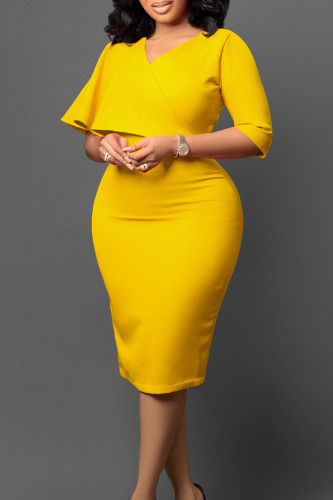 Vestidos de falda lápiz con cuello en V y cremallera de retales lisos elegantes amarillos