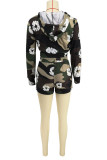 Black Casual Floral Print Patchwork Zipper Hooded Collar Long Sleeve Two Pieces Cropped Jackets And Short Set