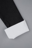 Botões de retalhos sólidos elegantes pretos plissados ​​gola virada para trás manga comprida duas peças