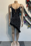 Zwart Zoet Dagelijks Feest Elegant Formeel Patchwork Mesh Hot Drill Asymmetrische jurken met spaghettibandjes