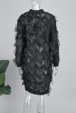 Черные сексуальные однотонные платья в стиле пэчворк с разрезом и воротником-стойкой с длинными рукавами