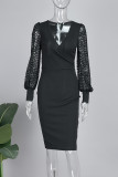 Vestidos de falda lápiz con cuello en V y vendaje de encaje liso elegante negro