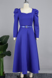 Повседневные однотонные платья королевского синего цвета с квадратным воротником и длинным рукавом с поясом