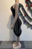 Zwart Zoet Dagelijks Feest Elegant Formeel Patchwork Mesh Hot Drill Asymmetrische jurken met spaghettibandjes