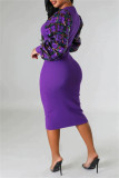Пурпурные повседневные лоскутные платья с круглым вырезом и длинными рукавами в стиле пэчворк