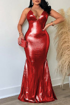 赤 セクシー カジュアル ソリッド バックレス スパゲッティ ストラップ ロング ドレス ドレス