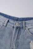 Jeans in denim regolari a vita media con bottoni e tasche patchwork strappati casual blu chiaro