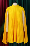 Robes droites jaunes élégantes en patchwork uni plissées à demi-col roulé