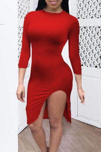 Vestidos de falda envueltos con cuello en O de patchwork liso elegante rojo