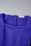 Azul real Casual Sólido Con Cinturón Cuello cuadrado Vestidos de manga larga
