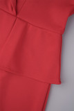 レッド カジュアル ソリッド パッチワーク フラウンス ターンダウンカラー ラップ スカート ドレス