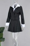 Red Elegant Solid Patchwork Buttons Pleated Turn-back Collar Long Sleeve Two Pieces Blazer Tops And Pleated Skirts Sets
