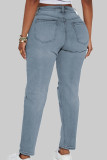 Azul claro casual sólido rasgado retalhos bolso botões zíper cintura média jeans regular