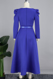 Повседневные однотонные платья королевского синего цвета с квадратным воротником и длинным рукавом с поясом