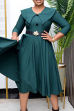 Boutons patchwork solides élégants verts avec ceinture col rond robes trapèze