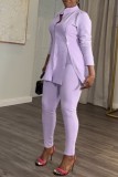 Purple Casual Daily Celebrities Simplicity Buttons Slit Solid Color Shirt Collar Long Sleeve Two Pieces Blazer Tops And Pants Sets