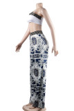 White Casual Print Patchwork One Shoulder Sleeveless Two Pieces