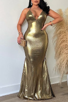 Gold Sexy Casual Solid Rückenfrei Spaghettiträger Langes Kleid Kleider