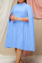 Azul celeste elegante sólido patchwork plissado meia gola alta vestidos retos